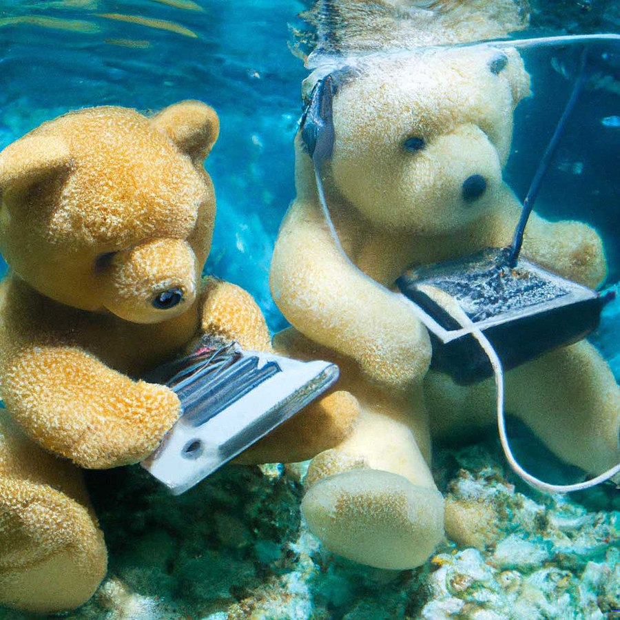 An image generated with DALL-E 2 based on the text prompt "Teddy bears working on new AI research underwater with 1990s technology"